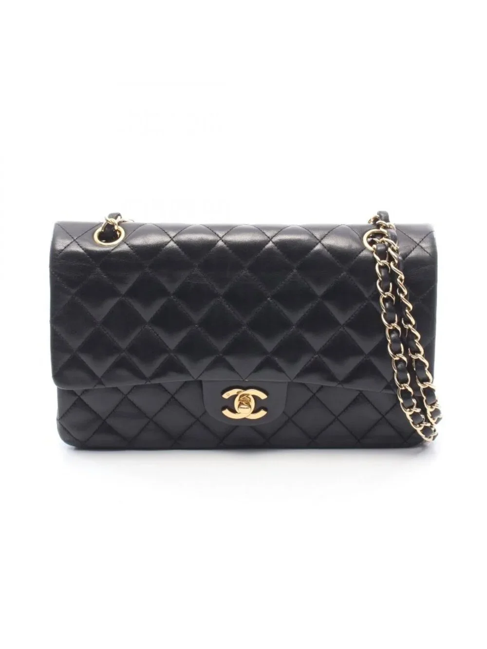Chanel Shoulder Bag Quilted Double Flap Black Lambskin Chain